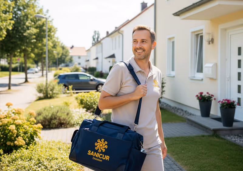 Ein etwa 40-jähriger Mann im beigefarbenen SANICUR-Dresden-Poloshirt steht lächelnd auf einem Gehweg vor einem modernen Einfamilienhaus. Er trägt eine dunkelblaue Umhängetasche mit SANICUR-Logo über der Schulter. Im Hintergrund sind gepflegte Vorgärten, ein geparktes Auto und weitere helle Häuser in einer Wohnsiedlung zu sehen.