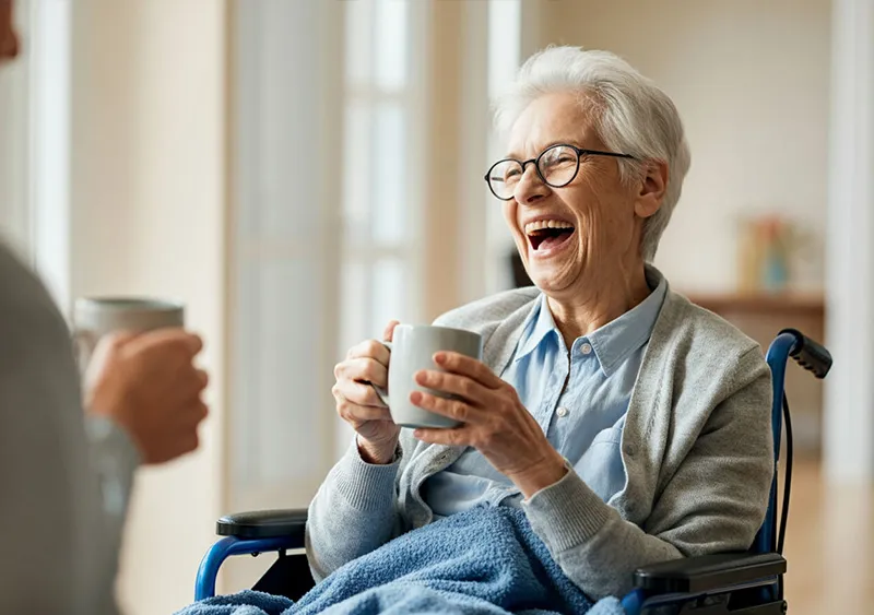 Eine ältere Dame sitzt in einem Rollstuhl und hält lachend eine Tasse in der Hand. Sie trägt eine Brille, ein hellblaues Hemd und eine graue Strickjacke, während sie in eine warme Decke gehüllt ist. Eine zweite Person, deren Hand mit einer Tasse im Vordergrund zu sehen ist, scheint sich mit ihr zu unterhalten und die entspannte Atmosphäre zu teilen. Die Szene vermittelt Freude und Leichtigkeit in der Gesellschaft, während ein gemeinsamer Moment bei einer Tasse Kaffee oder Tee genossen wird. Die freundliche Umgebung betont das Wohlbefinden und die soziale Interaktion in der Pflege.