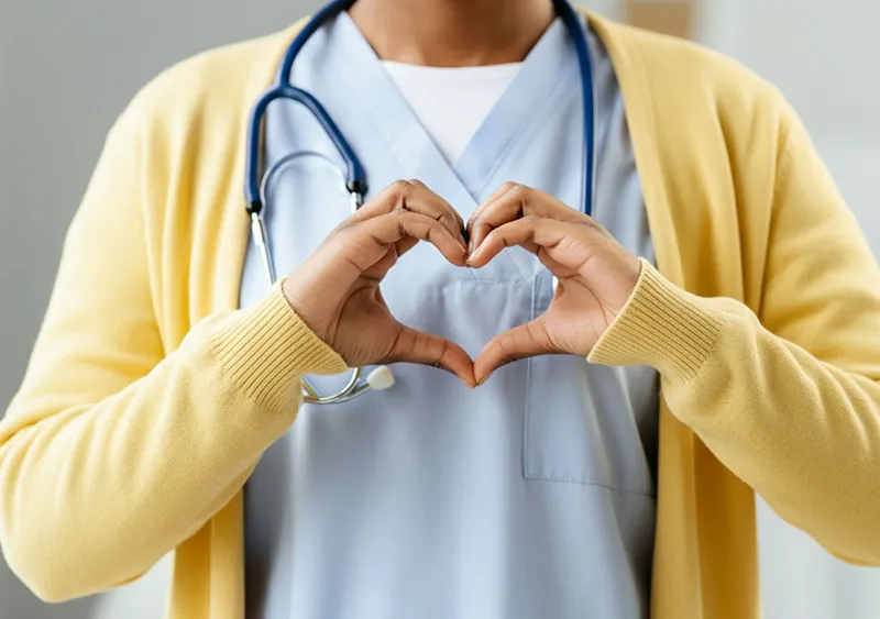 Ein/e Pfleger/in der SANICUR Dresden GmbH formt mit beiden Händen ein Herzsymbol vor der Brust. Der/die Pfleger/in trägt eine blaue Arbeitskleidung, ein gelbes Cardigan und ein Stethoskop um den Hals. Die Geste des Herzens steht symbolisch für Fürsorge, Engagement und Leidenschaft für die Pflegearbeit. Das Bild vermittelt Wärme, Mitgefühl und Hingabe im Umgang mit den Patienten.