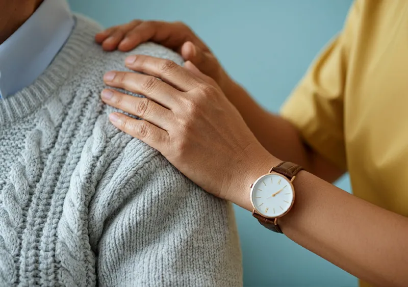 Nahaufnahme zweier Hände, die tröstend auf den Schultern einer Person ruhen. Die Person, die die Hände auf die Schultern legt, trägt eine Armbanduhr und ein gelbes Oberteil, während die andere Person einen hellgrauen, gestrickten Pullover anhat. Diese Geste vermittelt Trost, Unterstützung und Nähe und symbolisiert die einfühlsame und fürsorgliche Beziehung zwischen Pflegepersonal und Patient. Die Szene drückt Empathie und menschliche Wärme aus, wie sie in der Pflege von SANICUR Dresden GmbH gelebt wird.