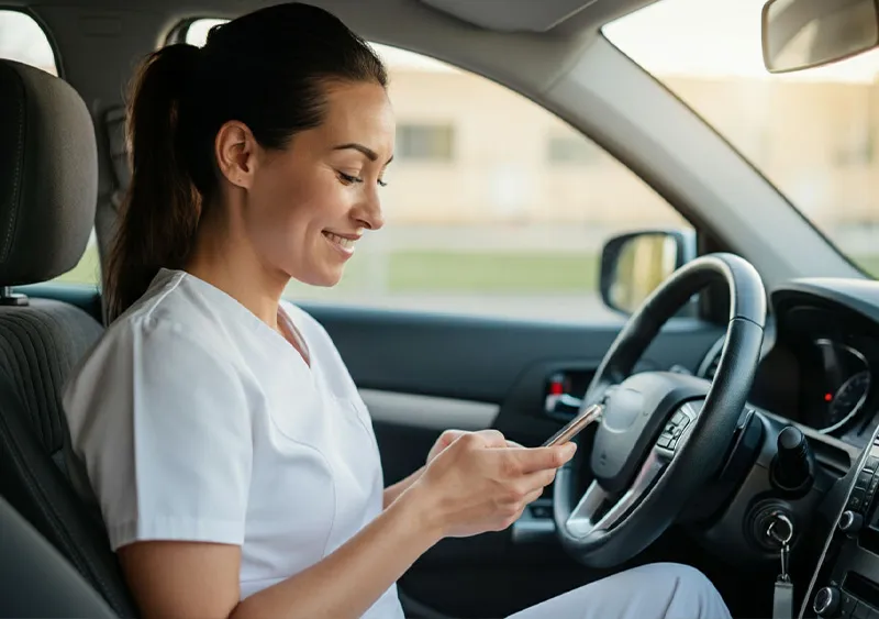 Eine Pflegerin der SANICUR Dresden GmbH sitzt lächelnd in einem Auto und blickt auf ihr Smartphone. Sie trägt weiße Arbeitskleidung und wirkt entspannt und konzentriert. Das Bild vermittelt den Eindruck der mobilen Pflege, bei der das Personal flexibel unterwegs ist, um Patienten zu versorgen. Es zeigt die moderne Kommunikation und Organisation im Pflegealltag, die Effizienz und Erreichbarkeit in der mobilen Pflege unterstützt.
