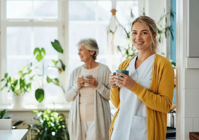 Eine Pflegerin der SANICUR Dresden GmbH steht lächelnd in einem hellen Raum und hält eine Tasse in der Hand. Sie trägt weiße Arbeitskleidung und einen gelben Cardigan. Im Hintergrund steht eine ältere Frau, ebenfalls mit einer Tasse in der Hand, und blickt entspannt zur Seite. Der Raum ist mit zahlreichen grünen Pflanzen dekoriert und wird von Tageslicht durchflutet, das eine angenehme und wohnliche Atmosphäre schafft. Die Szene strahlt Wärme, Fürsorge und ein harmonisches Miteinander zwischen Pflegekraft und Patientin aus, betont durch die gemeinsame Pause bei einer Tasse Tee oder Kaffee.